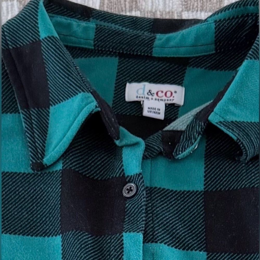 Denim & Co Buffalo Plaid Tunic Top Teal Black Medium Button Front - Picture 3 of 3